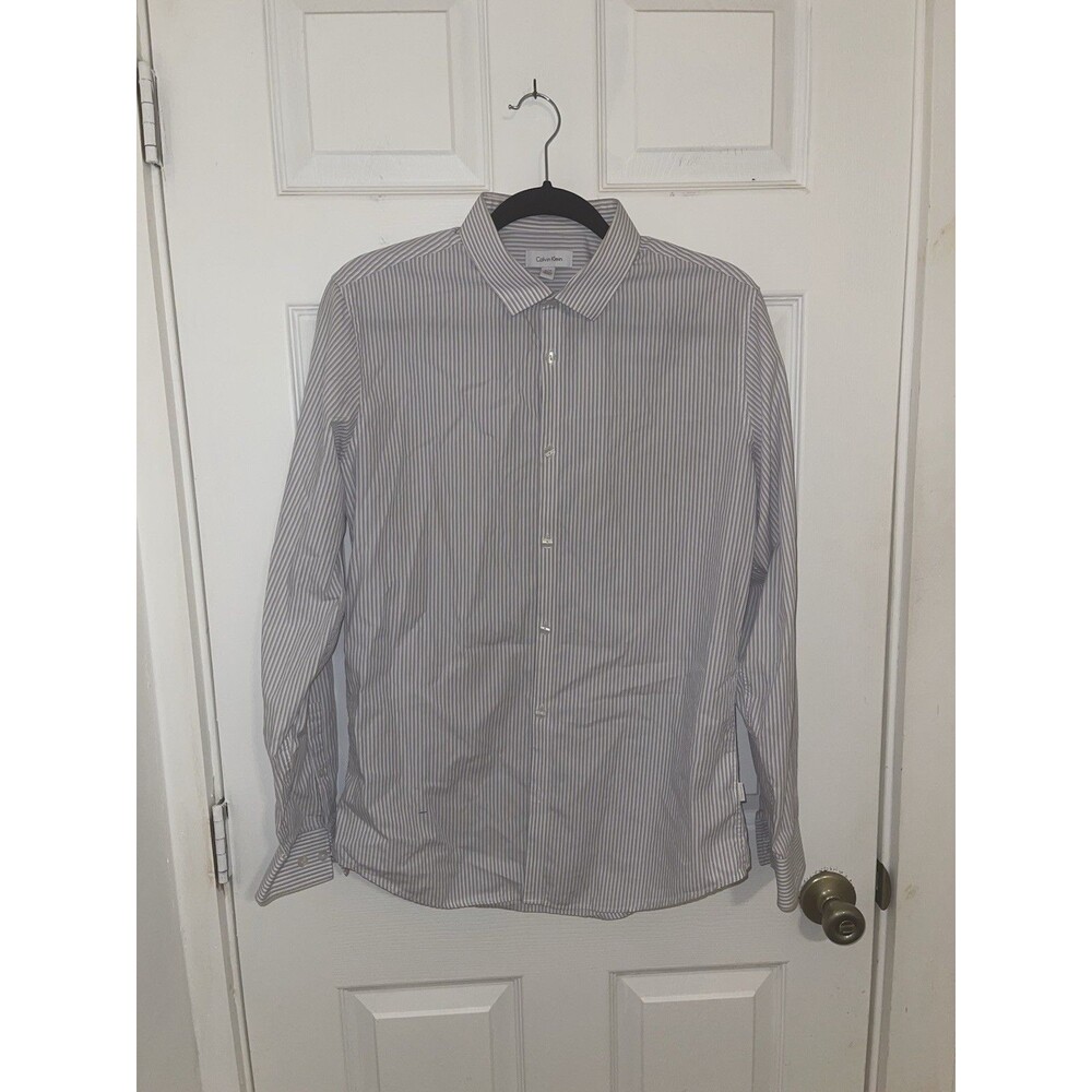 Calvin Klein Infinite Non Iron Slim Fit Mens Shirt White Blue Pink Stripe Med